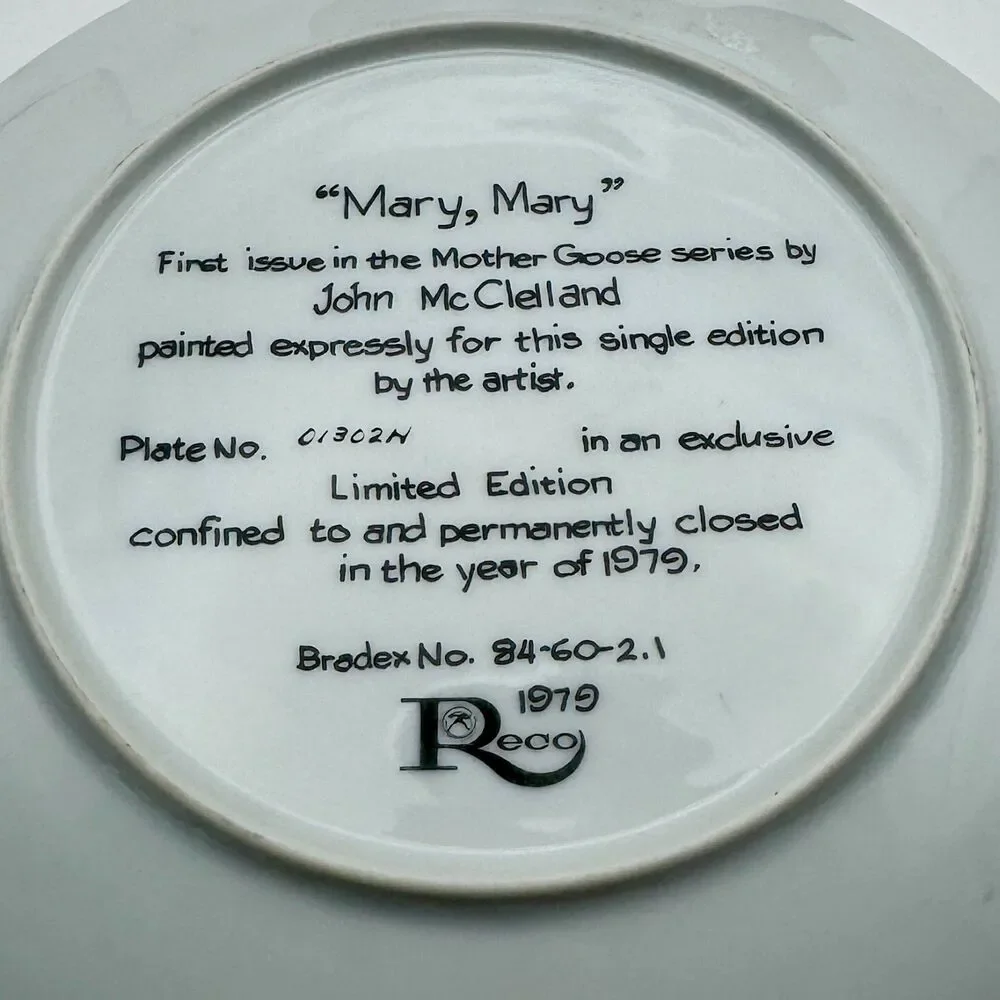 Reco Mary Mary John McClelland 1979 Limited Edition Collector Plate  Tags:
